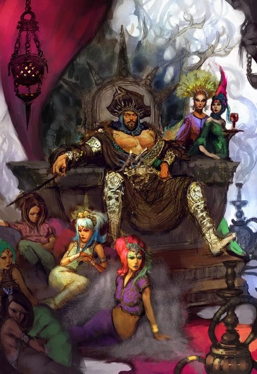A painting of Prince Arch, the future king of Borderland, sitting on a throne inside Heart Palace, with many women sitting around him. 