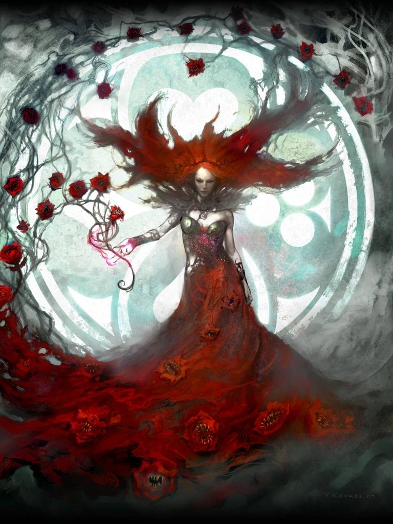 Image of Queen Redd, wearing a red dress, with a giant red hair piece, extending her arm into a thicket of roses. She is standing in a window with the suits of playing cards shapes.