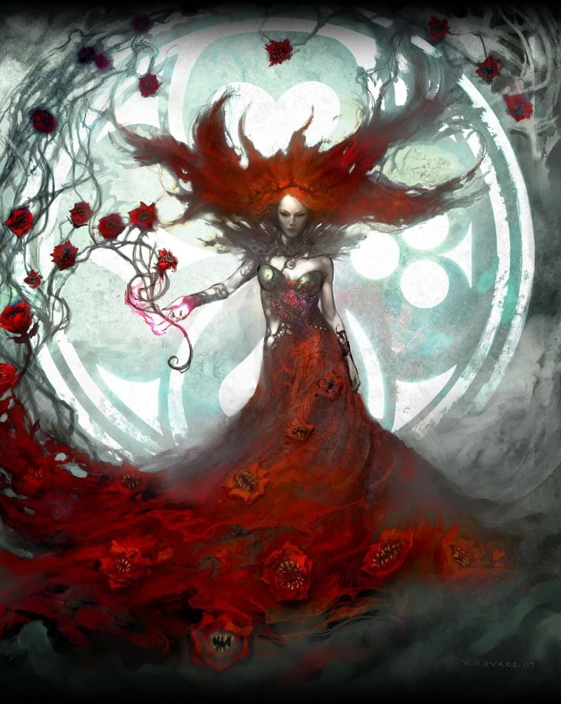 A painting of Queen Redd, in a red dress. From Frank Beddor's The Looking Glass Wars books.