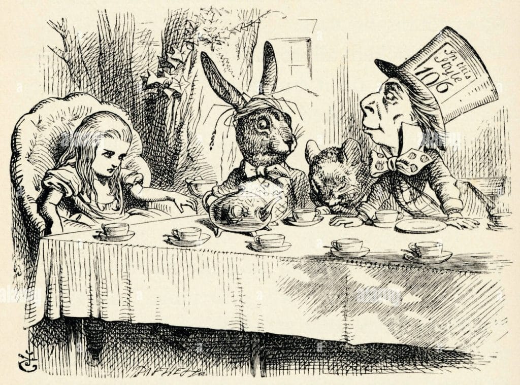 Characters from Alice in wonderland sitting at a table, having tea. Alice, the Hare and the Mad Hatter.