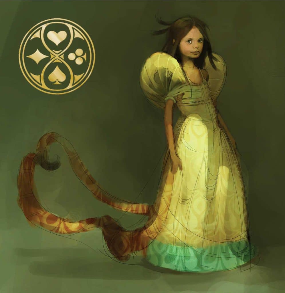 Concept art of Alyss, the main character in Frank Beddor's The Looking Glass Wars. As inspired by Lewis Carroll's Alice's Adventures in Wonderland. She is young, wearing a yellow dress with giant shoulders and a patterned sash that flows off the back of her dress.