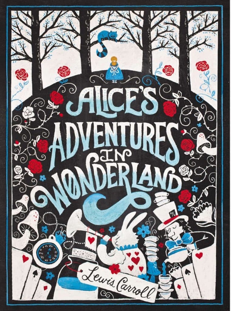 Alice's Adventures in Wonderland by Lewis Carroll book cover. Mostly white background with trees on top and a giant hole with the White Rabbit, Hatter, Alice, Chesire Cat. Around the title is decorated with mushrooms, red roses and vines.