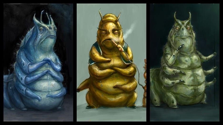 Concept art of the Blue, Orange, and Green Caterpillars from author Frank Beddor's "The Looking Glass Wars" trilogy.