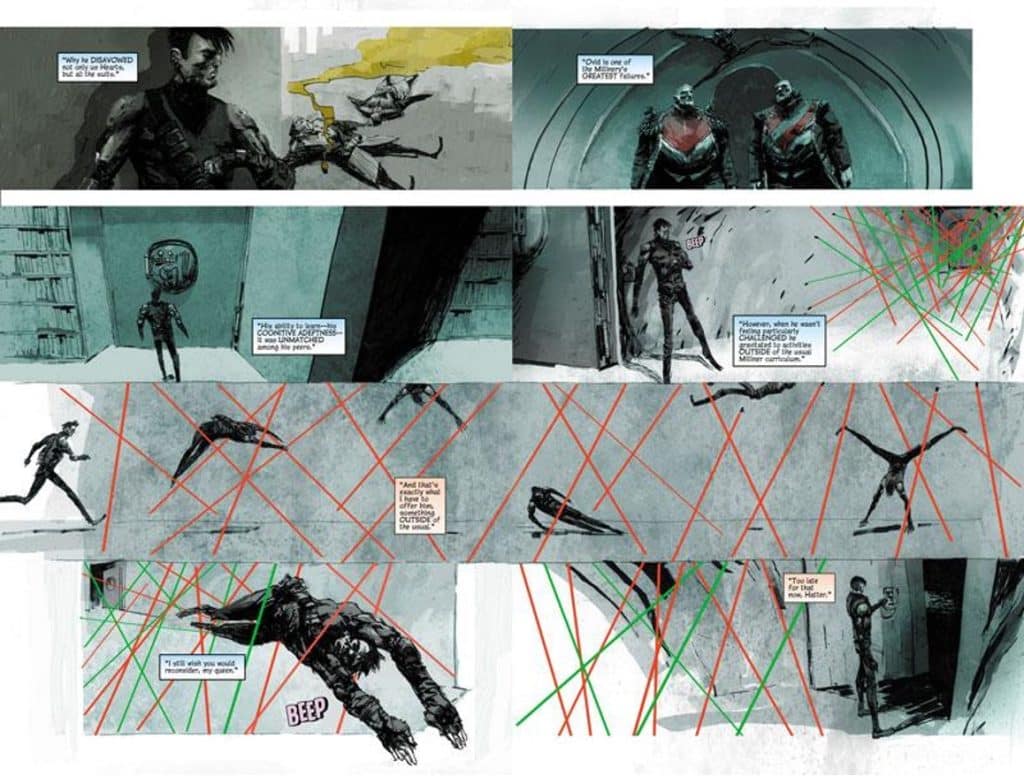 Still image from Crossfire or Under Fire graphic novel. It serves as an extension of Lewis Carroll's Alice in Wonderland universe. Written by Frank Beddor, and Curtis Clark.