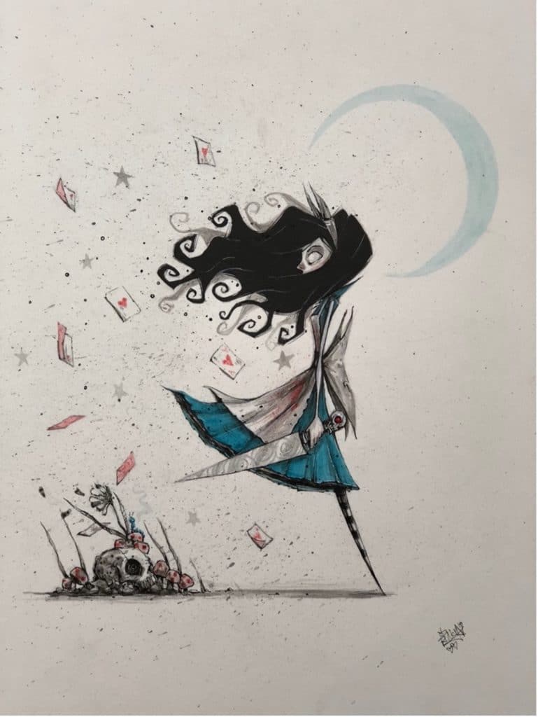 A drawing of Alice, from Wonderland with long, flowing hair and a skull. Playing cards are flying around her and a crescent moon is framing her head. By talented visual artist, Ricky Romero.