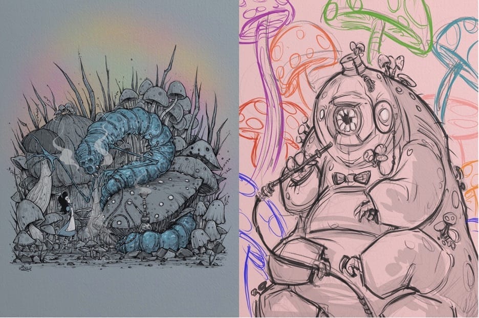 A drawing of a personified caterpillar, sitting on a throne of mushrooms and smoking from a hookah. By artist, Ricky Romero and inspired by Lewis Carroll's Alice in Wonderland.
A drawing of a cartoon caterpillar with mushrooms in the background. From the character: The Caterpillar, as seen in Lewis Carroll's Alice's Adventures in Wonderland. Drawn by artist, Ricky Romero.