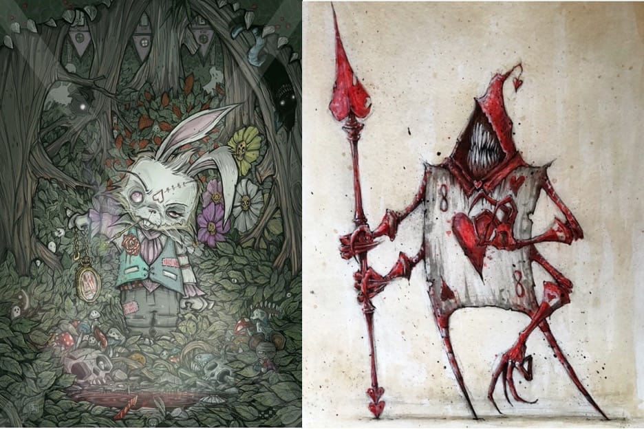 A cartoon art print by artist, Ricky Romero. This is a colored pencil drawing of the white rabbit in a forest. Inspired by Lewis Carroll's Alice's Adventures in Wonderland book and body of literature he inspired.
Artist rendering of a playing card suit holding a spear. Made by artist, Ricky Romero. This is the 8 of hearts and is one of Queen Redd's army from The Looking Glass Wars, by Frank Beddor.
