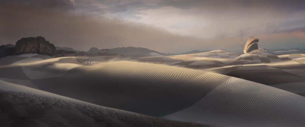 A landscape of sand dunes making up the landscape surrounding Wonderland, taken from the imagination of Lewis Carroll. illustrated by matte painter and concept artist: Brian Flora.