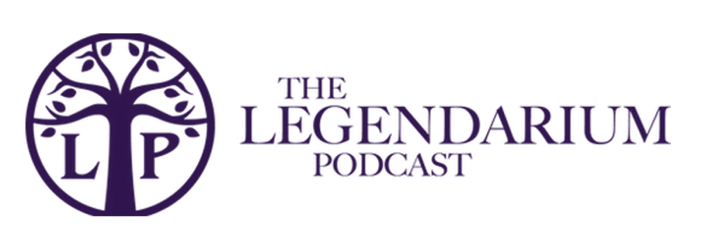 A purple text on a black background - the logo for "The Legendarium Podcast" a series with Craig Hanks, a marketer, writer and multimedia specialist.