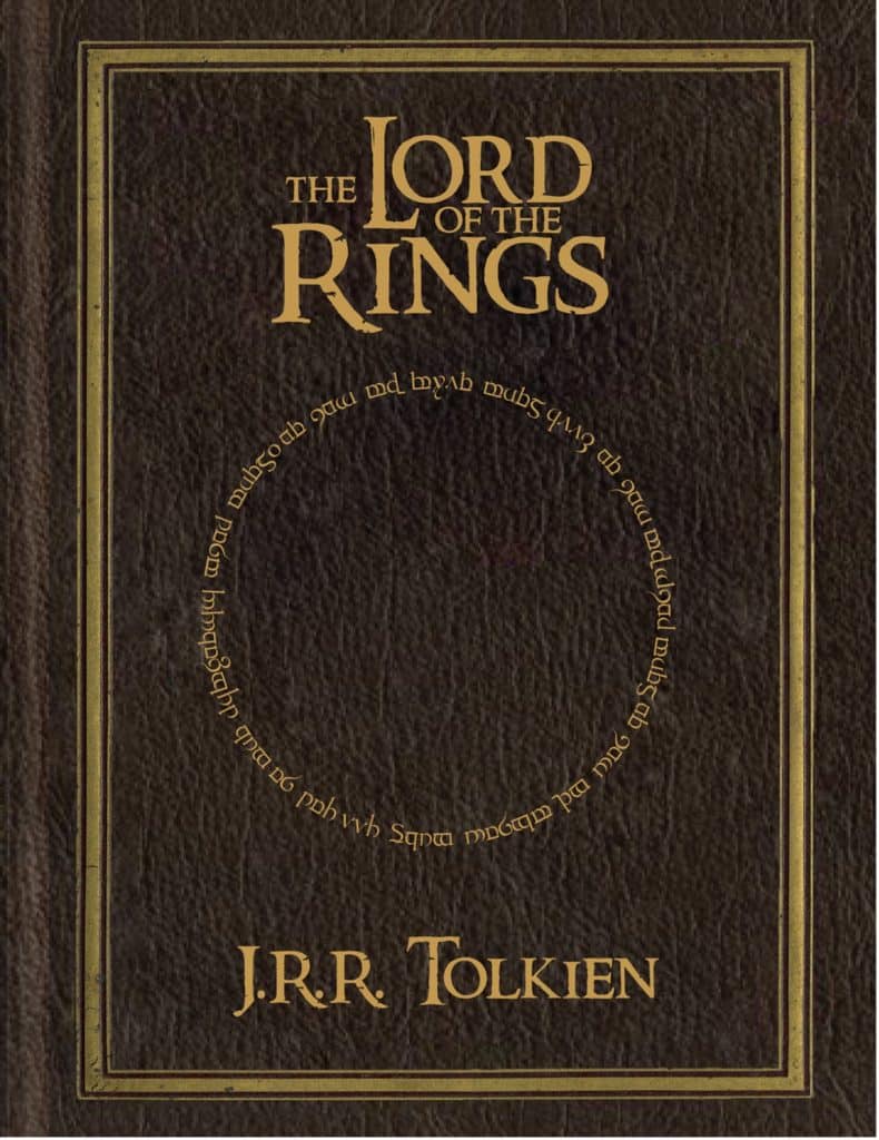 The book cover for J.R.R. Tolkien's "The Lord of the Rings" with gold text on a brown, leather-looking background.