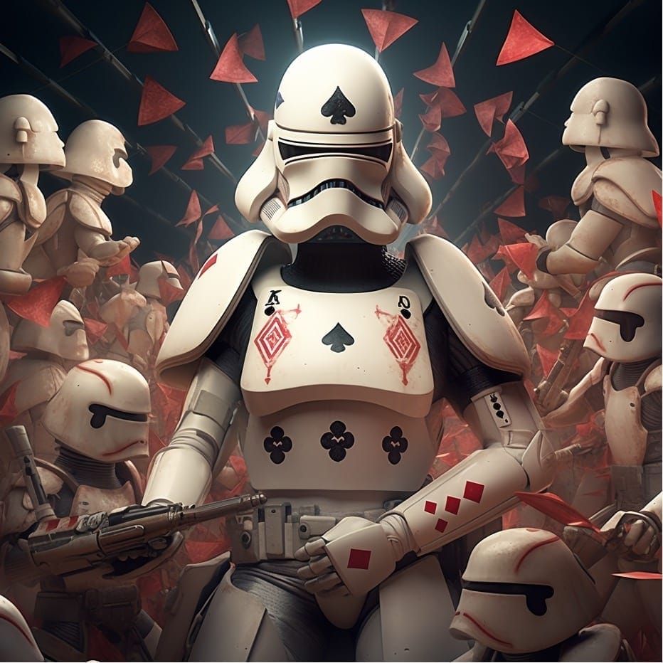 AI-generate image of Star Wars stormtroopers, wearing playing cards suits of armor, much like characters from Lewis Carroll's Alice in Wonderland would look like if there ever was a crossover of these two IP giants.
