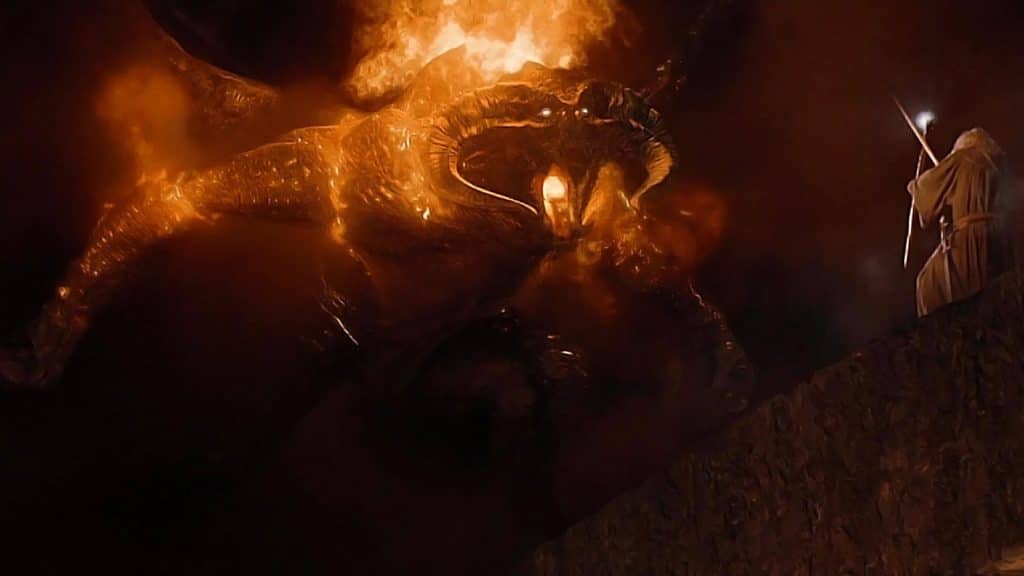 The Balrog and Gandalf fight in a scene from "The Lord of the Rings: The Fellowship of the Rings"