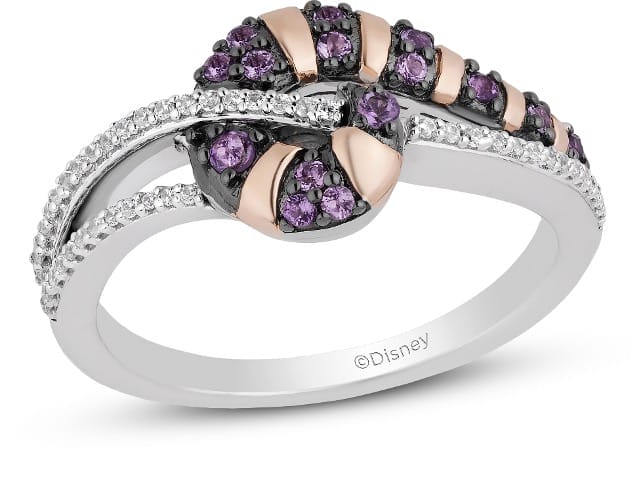 A jewel encrusted ring modeled on the iconic purple striped tail of the Cheshire Cat.