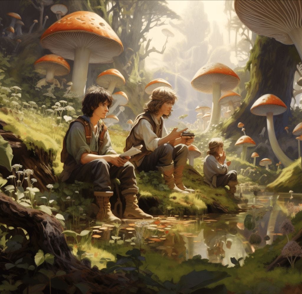 Hobbits sitting in a field of mushrooms. 