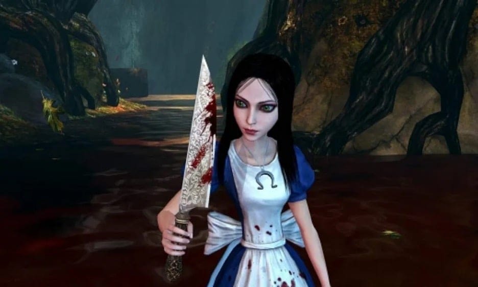 A promotional still from American McGee's Alice, she holds a large bloody knife while wearing edgy make up and a blood splattered white apron over her classic blue dress.