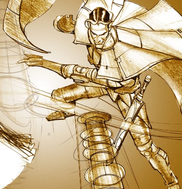 Hatter Madigan from "The Looking Glass Wars" throws a blade in a piece by artist John Watkiss.