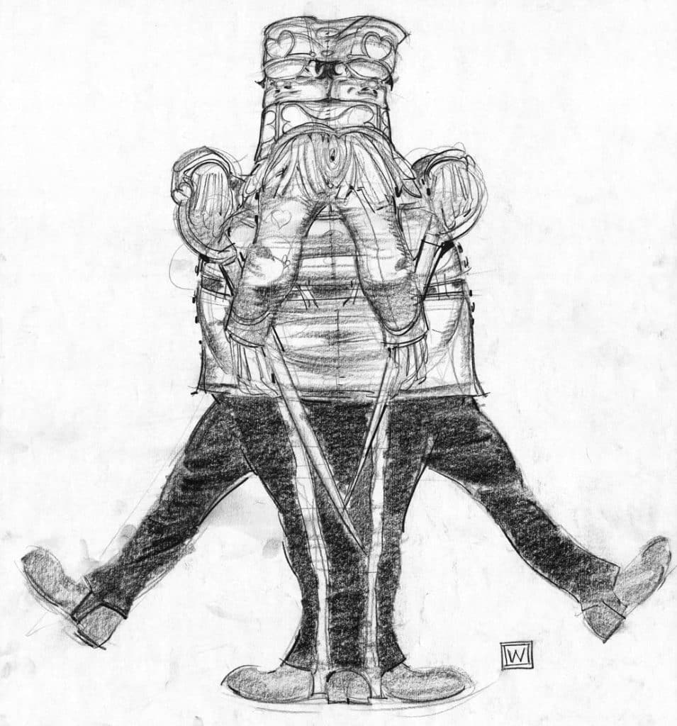 Two Wonderland soldiers from "The Looking Glass Wars" march away from each other in a piece by artist John Watkiss.