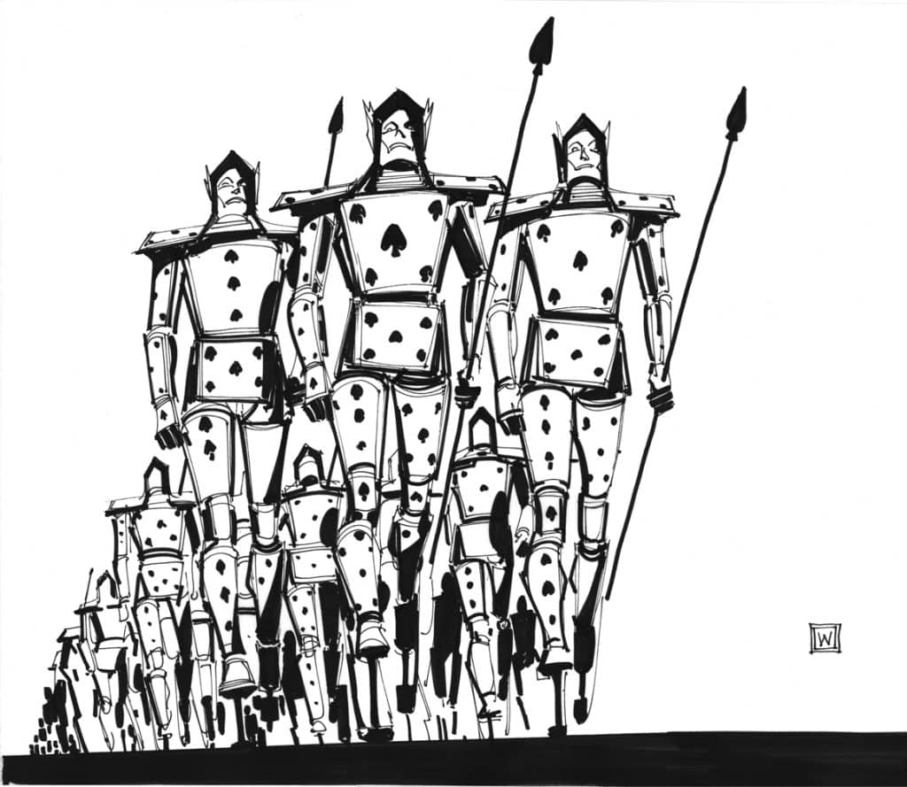 Deep columns of card soldiers from "The Looking Glass Wars" march with spears in a piece by artist John Watkiss. 