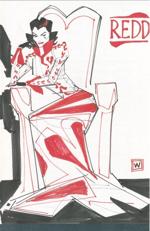 Queen Redd from "The Looking Glass Wars" glowers from her throne in in a piece by artist John Watkiss.