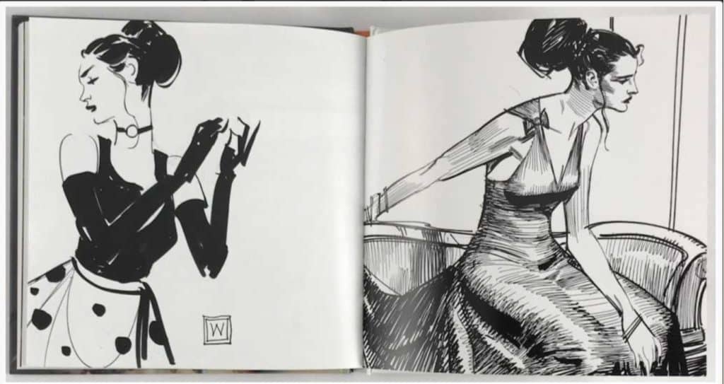 A woman in a black top, black gloves, and white skirt with black dots next to a woman sitting on a sofa in an evening gown in drawings by artist John Watkiss.