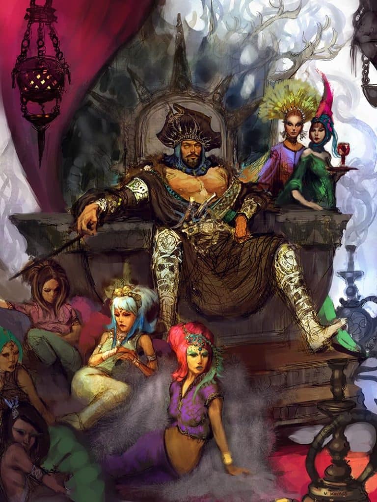 Concept art of King Arch surrounded by women in a throne room by artist Vance Kovacs from "The Looking Glass Wars" books and graphic novels by Frank Beddor.