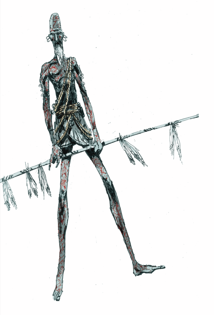 Concept art of a Boarderlander covered in tattoos and holding a spear from "The Looking Glass Wars" books and novels by Frank Beddor.