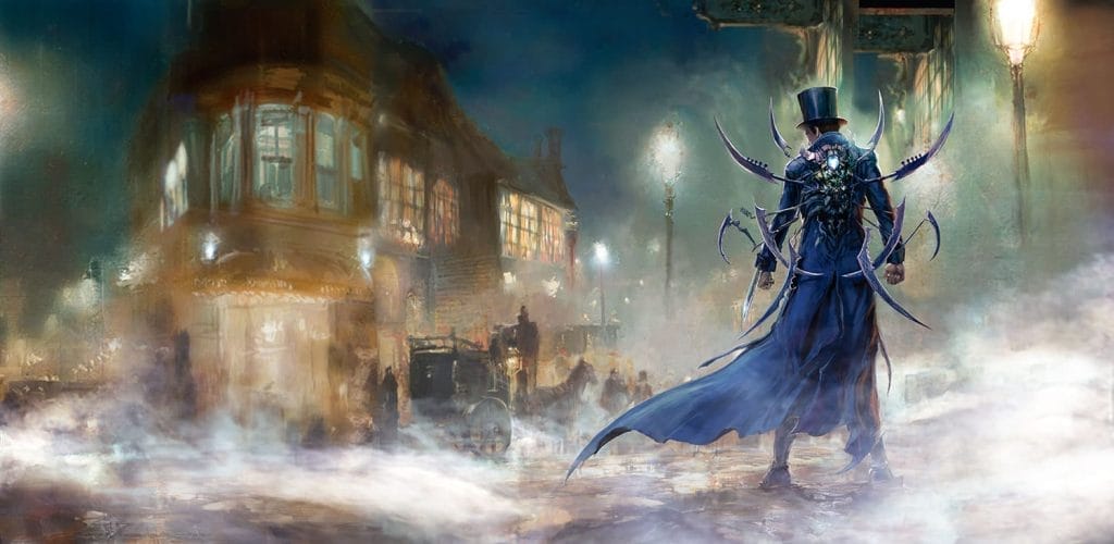 Illustration of Hatter Madigan on an 18th-century London street at night by artist Tae Young Choi, from the cover of the graphic novel "Hatter M: Mad With Wonder". 
