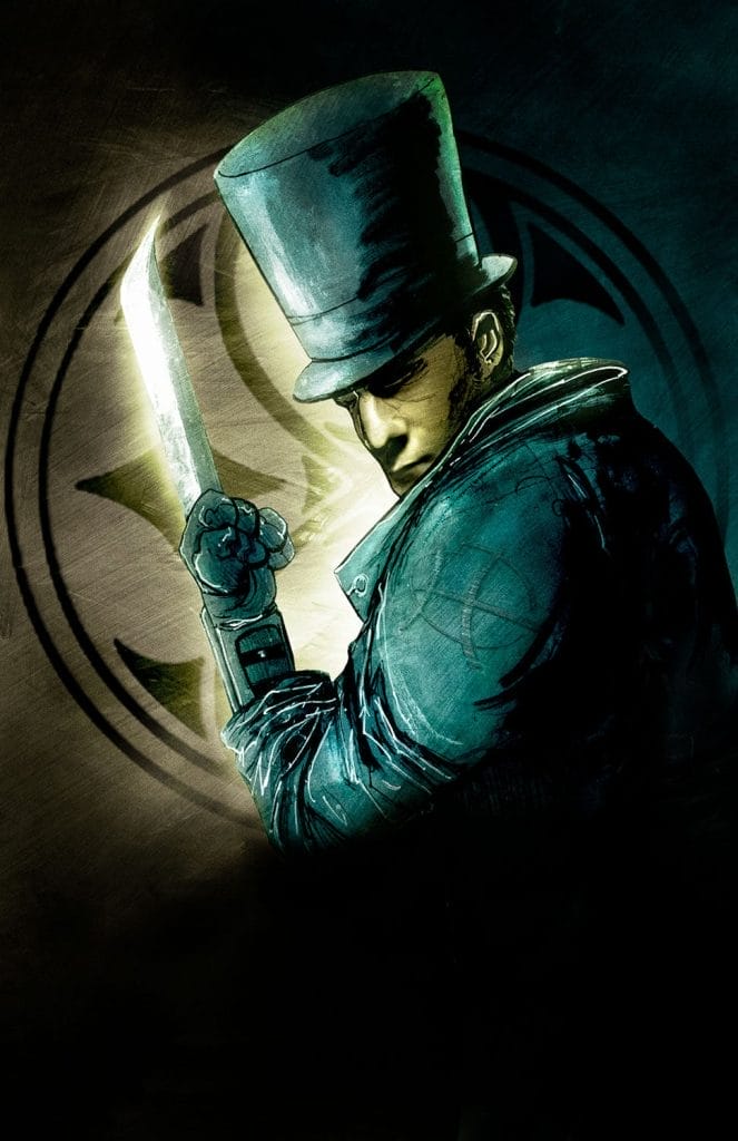 Illustration of Hatter Madigan, left profile and brandishing a blade against the Suit Families logo, by artist Ben Templesmith.