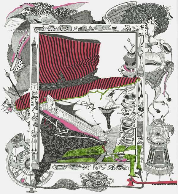Illustration of "Alice in Wonderland" by artist Ksenia Lavrova featuring stacks of teacups, a teapot, and a bespectacled man wearing a large hat.