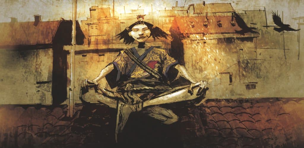 Panel from the graphic novel "Hatter M: Zen of Wonder" featuring Nekko, dressed in a yellow kimono lined with blue, sitting cross-legged on a tile roof. By artist Sami Makkonen. 