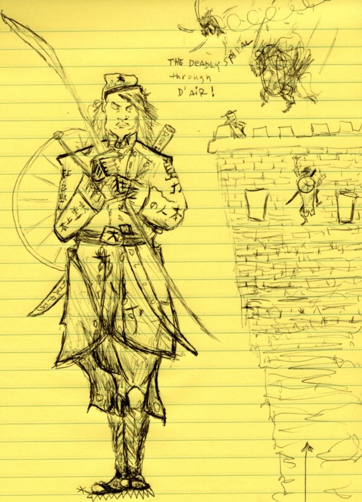 Illustration of a Japanese soldier holding a spear, standing next to a stone castle tower, by artist Gary Murakami.