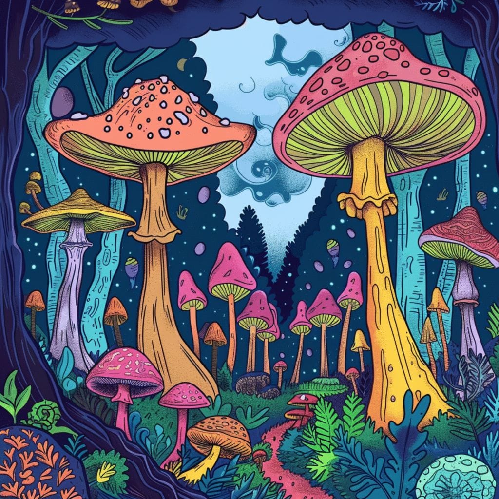 Psychedelic illustration of a multi-colored mushroom forest set against trees and sky. 
