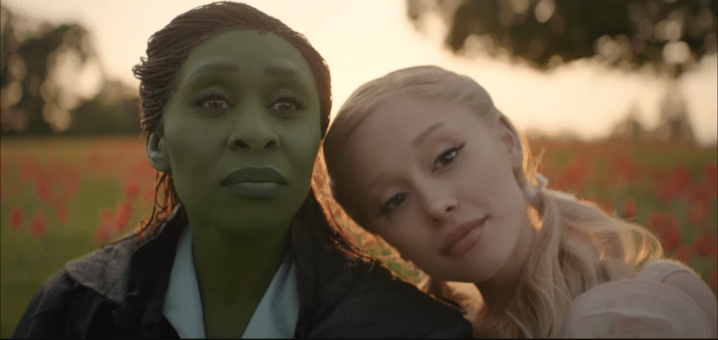 Still image of Cynthia Erivo as Elphaba and Ariana Grande as Galinda from the 2024 Universal Pictures film "Wicked".