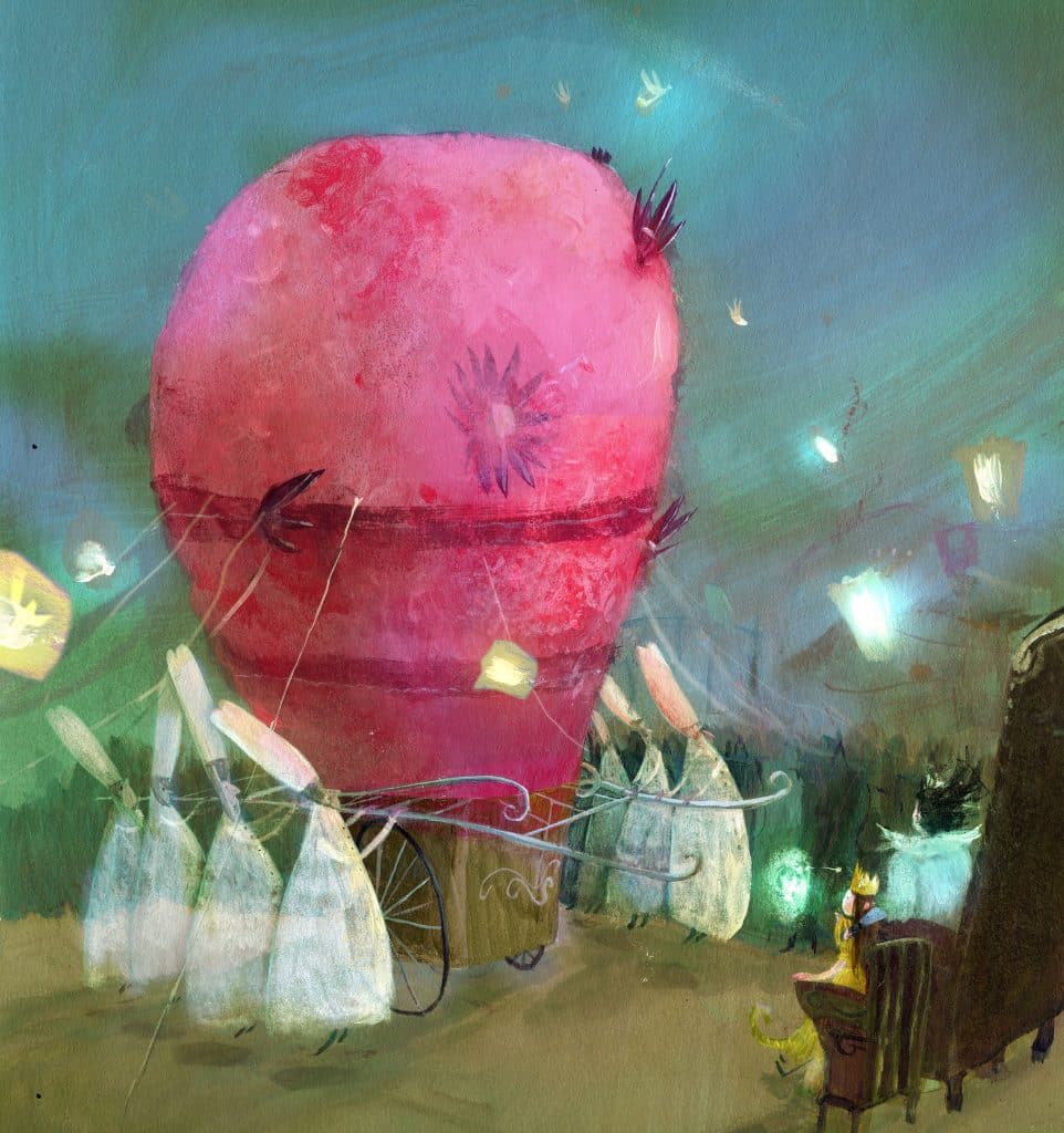 Illustration by artist Catia Chien of the Birthday Fairies delivering Princess Alyss' birthday cake from the young adult fantasy novel "The Looking Wars" by author Frank Beddor. 