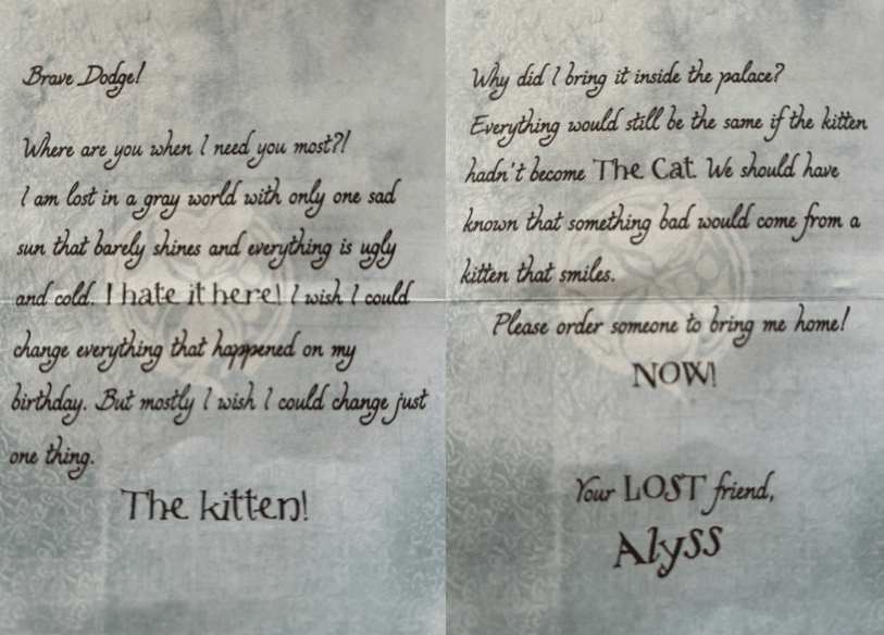 Image of a letter from Princess Alyss to Dodge Anders, inspired by the young adult fantasy novel "The Looking Wars" by author Frank Beddor.
