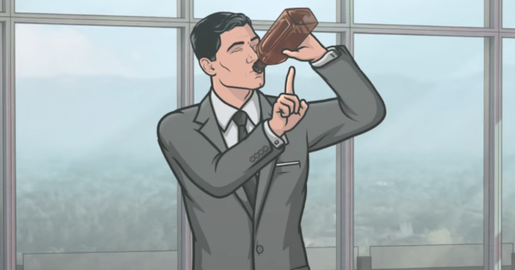 Still image from the FXX animated comedy series "Archer", featuring Sterling Archer holding his finger up and drinking from a liquor bottle.