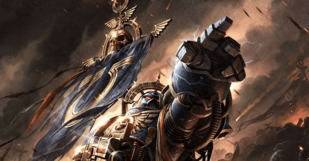 Illustration of an Ultramarine in blue and gold power armor holding a battle standard with a blue flag, topped with a gold skull, inspired by the miniature tabletop wargame "Warhammer 40,000."