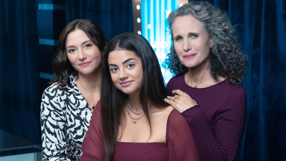 A promotional image from the Hallmark Channel original series "The Way Home" featuring Chyler Leigh, Sadie Laflamme-Snow, and Andie MacDowell.