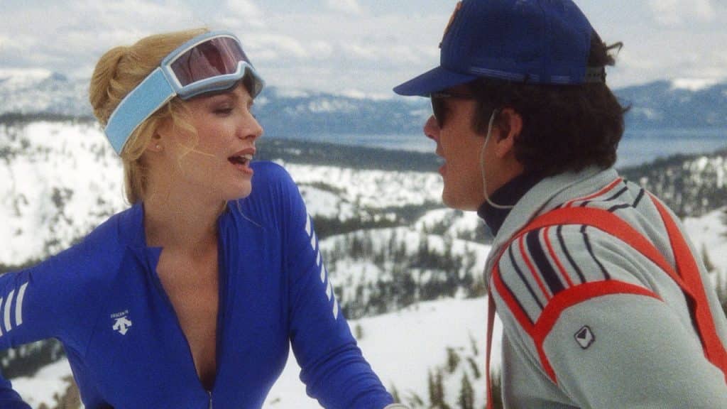 Still image of Shannon Tweed and David Naughton from the 1984 teen sex comedy ski film "Hot Dog...the Movie".