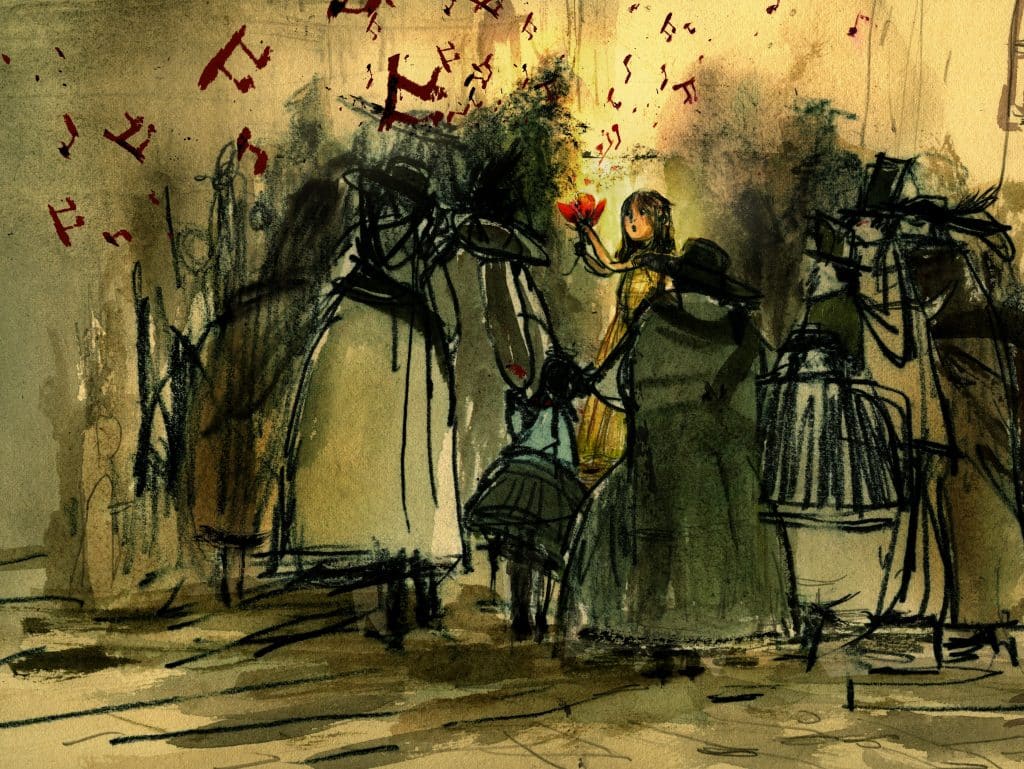 Illustration by artist Catia Chien of Alyss making flowers sing for street crowds from the young adult fantasy novel "The Looking Wars" by author Frank Beddor. 