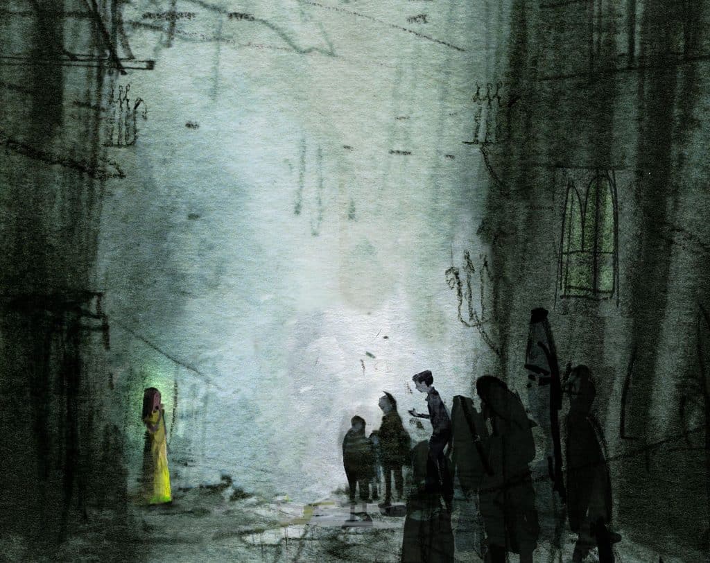 Illustration by artist Catia Chien of Alyss meeting Quigley and the other street children from the young adult fantasy novel "The Looking Wars" by author Frank Beddor.