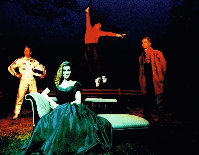 Photograph by Eshel Ezer of Frank Beddor, Steven Beddor, David Beddor, and Michelle Beddor outside and in various poses. 