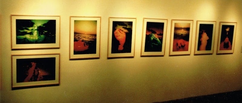 Eight photographs by Eshel Ezer of a man coming out of the water. 