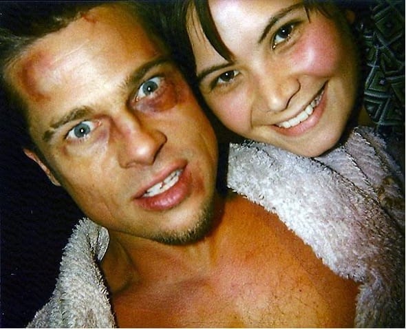 Picture of script supervisor Dina Waxman with actor Brad Pitt in costume as Tyler Durden on the set of David Fincher's 1999 film "Fight Club". 