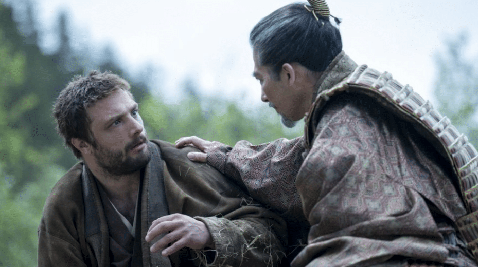 Still image of Hiroyuki Sanada as Lord Yoshii Toranaga and Cosmo Jarvis as John Blackthorne (Anjin) from the FX/Hulu historical drama miniseries "Shogun". 