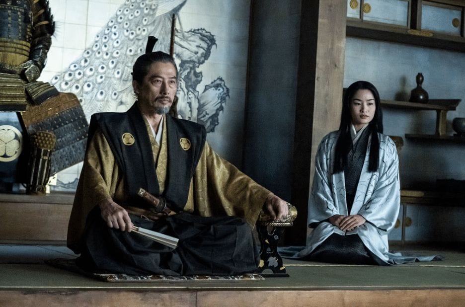 Still image of Hiroyuki Sanada as Lord Yoshii Toranaga and Anna Sawai as Toda Mariko from the FX/Hulu historical drama miniseries "Shogun".