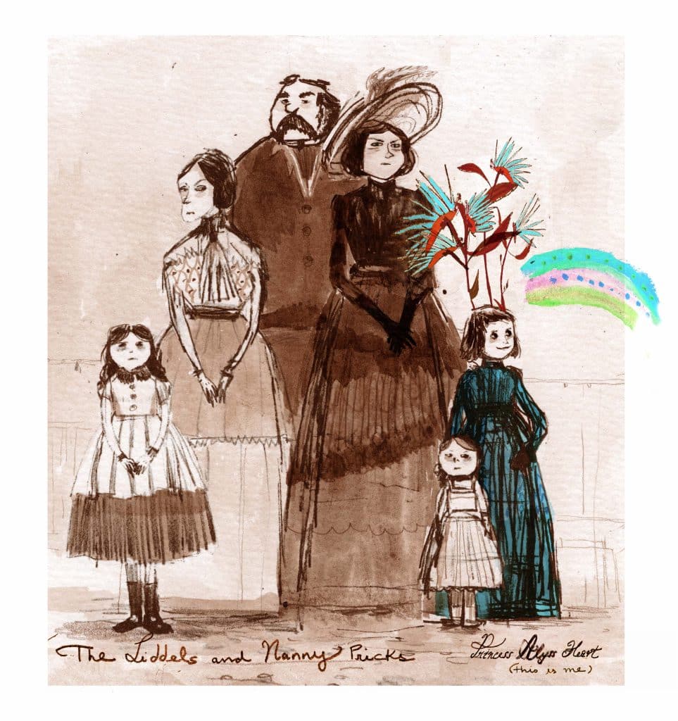 An illustration, done in the style of a child's drawing, featuring depictions of the Liddell family, Princess Alyss, and Governess Pricks by artist Catia Chien.