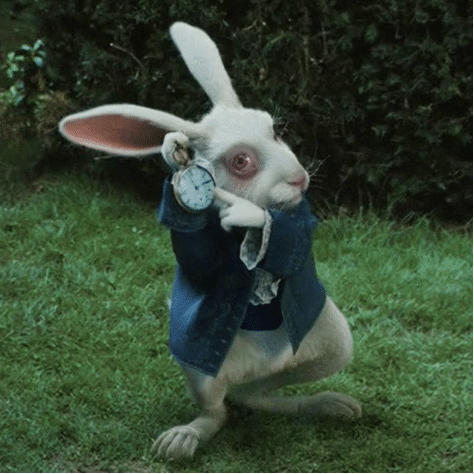 Still image of the animated character Nivens McTwisp/White Rabbit from the 2010 fantasy adventure film "Alice in Wonderland".
