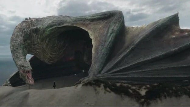 Still image of the dragon Vhagar facing Prince Aemond Targaryen from the HBO fantasy drama series "House of the Dragon".