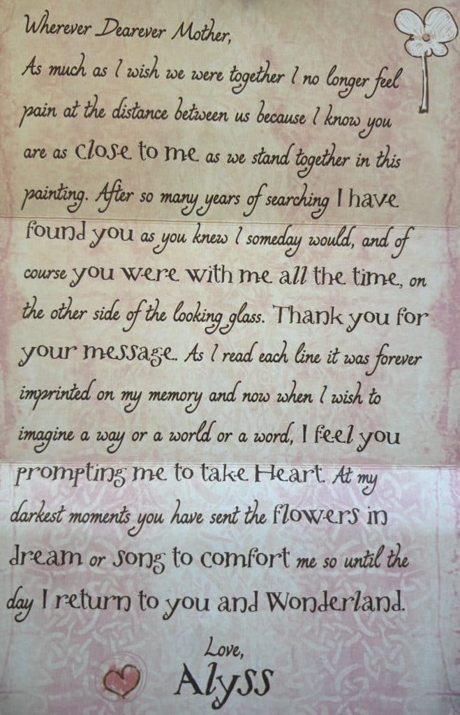 A letter written by Princess Alyss to her mother, Queen Genevieve, on pink and yellow paper featuring a red heart and white flower, produced for the book "Princess Alyss of Wonderland".